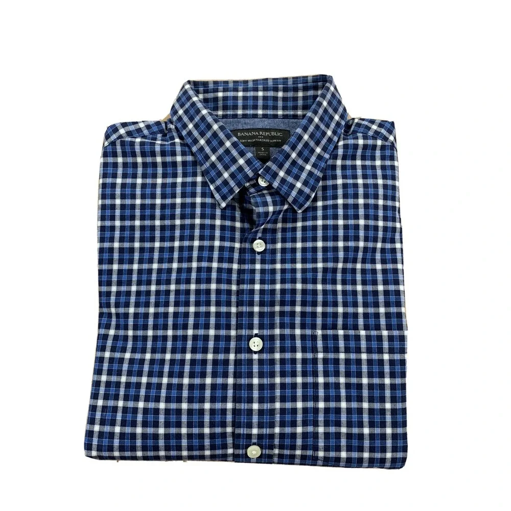 Banana Republic Mens Small Soft Wash Blue‎ Plaid Long Sleeve Button Down Shirt